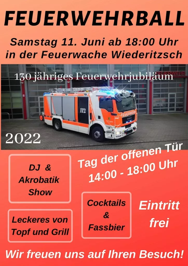 Am Samstag, 11.06.2022, ab 18 Uhr findet der  Tag der offenen Tür und Feuerwehrball 2022 der Freiwillige Feuerwehr Wiederitzsch statt.