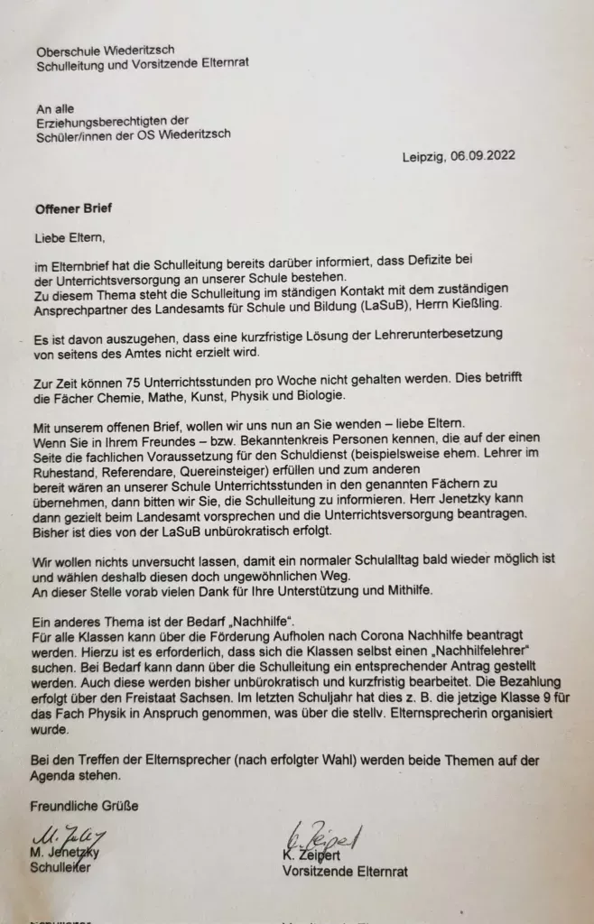 Offener Brief der Oberschule Wiederitzsch
